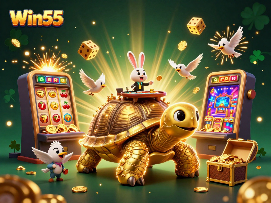 Win55 showcases a vibrant casino scene with a golden tortoise, rabbit dealer, and overflowing treasures.