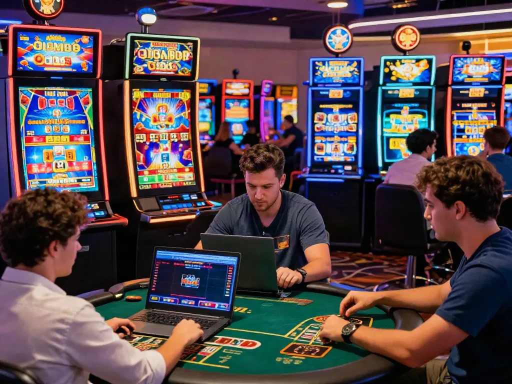 Engaging scene of players enjoying non GamStop casinos online with vibrant graphics and technology.
