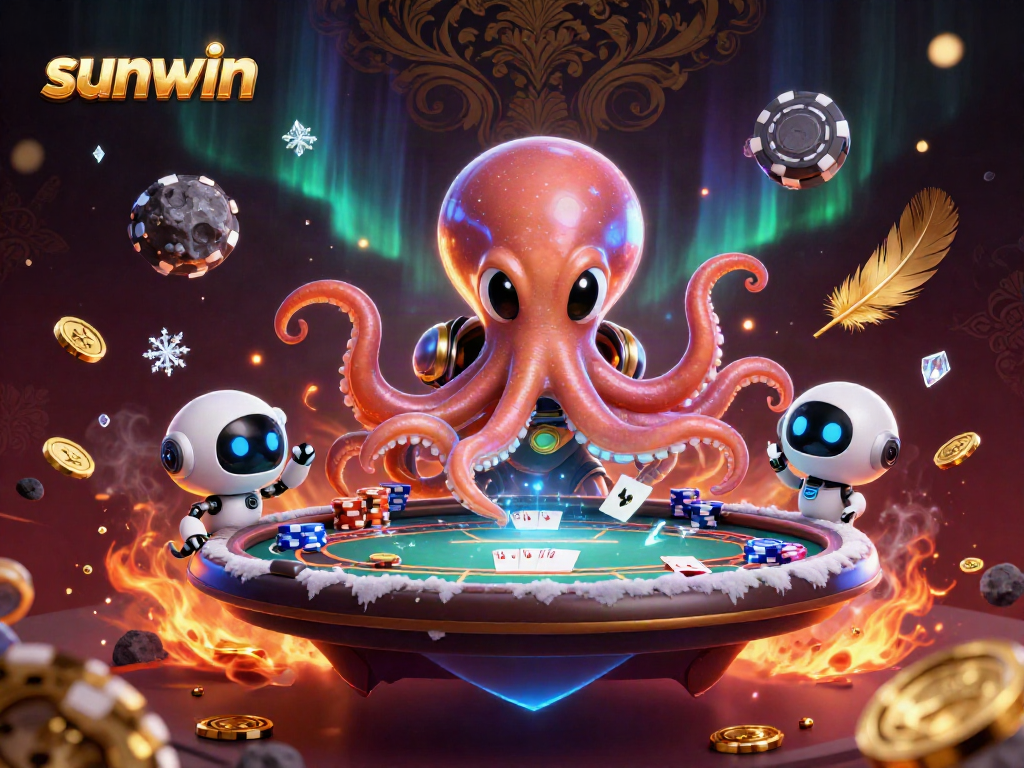 Sunwin alien octopus hosting a poker game with a robot amidst casino-themed elements in a cosmic scene.