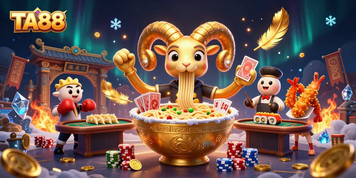 TA88 casino scene featuring a giant ramen bowl dealer and vibrant gaming action.