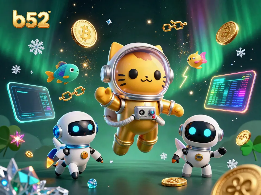 Experience excitement in b52 casino games with astronaut cat and robot dog amidst glowing cryptocurrency elements.