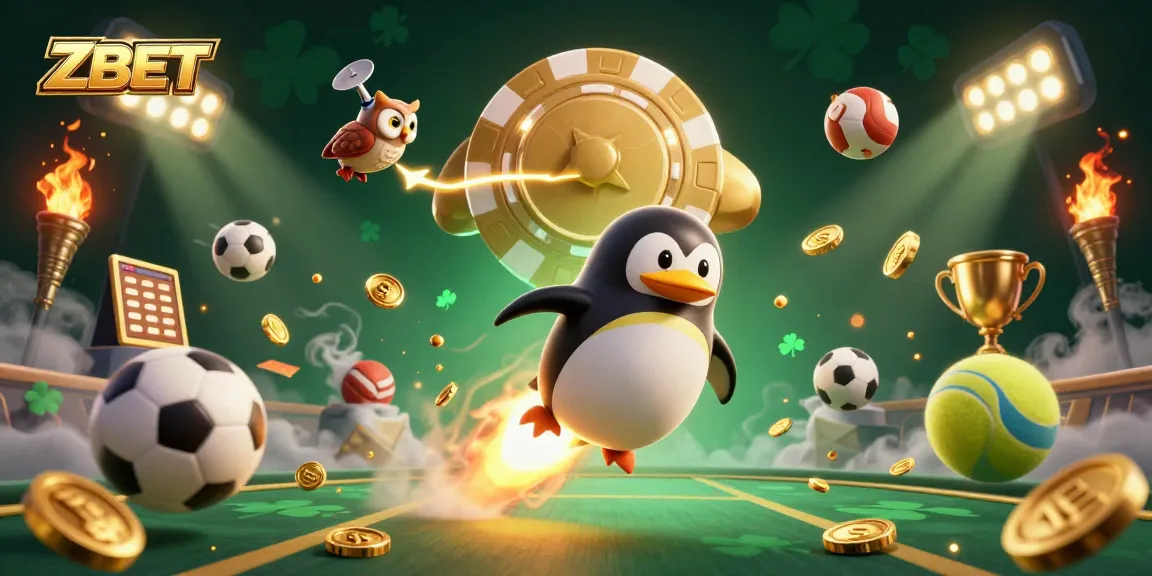 ZBET showcases an exciting golden penguin surrounded by dynamic sports elements and casino imagery.