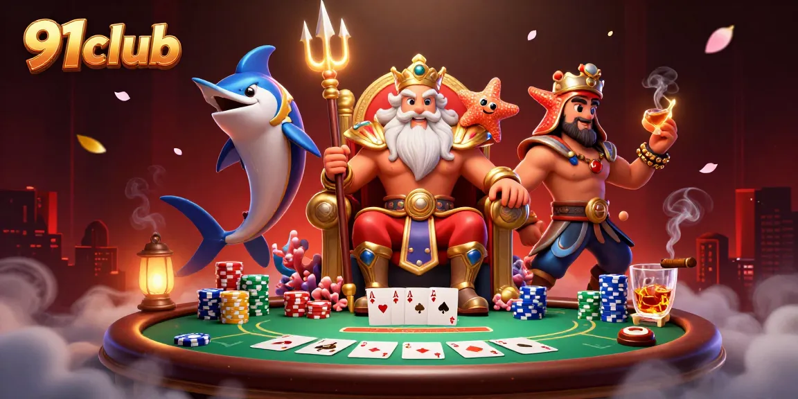 Engage with 91club's vibrant gambling scene showcasing Neptune with poker elements and captivating visuals.