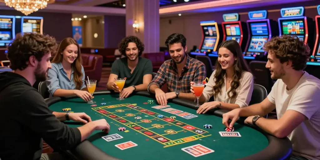 Exciting scene of friends at non GamStop casinos enjoying gaming together