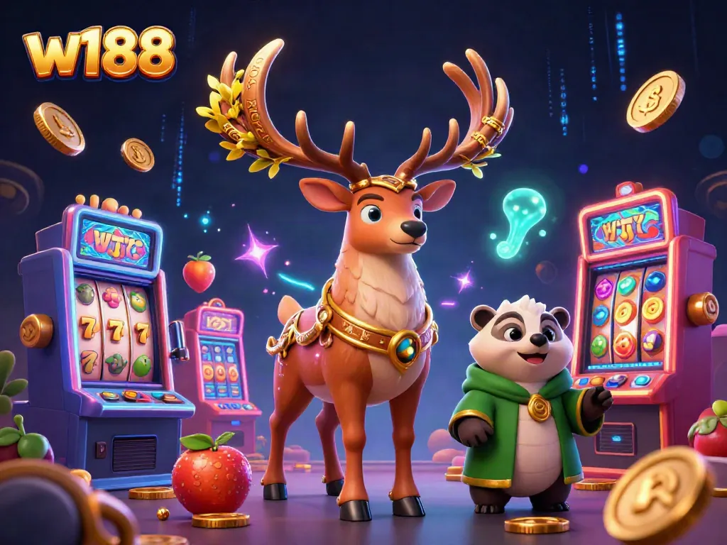 Engage with thrilling gameplay at W188, capturing the excitement of slot machines amidst a mystical setting.