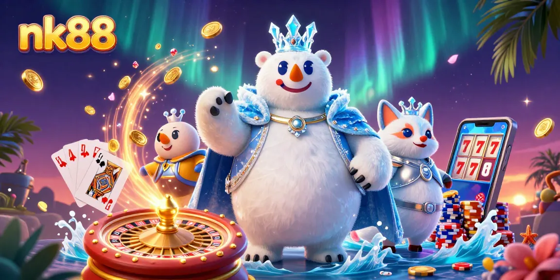 Engage with nk88's thrilling gaming scene featuring ice king and snow fox amidst casino action.