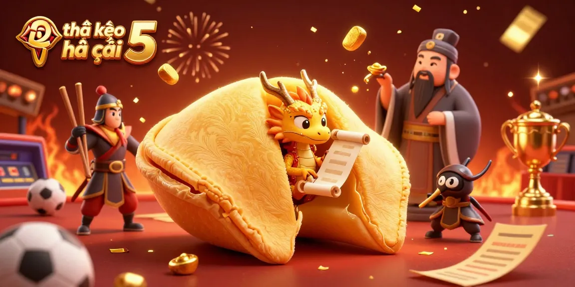 Engage with tỷ lệ kèo nhà cái 5 through this 3D illustration showcasing sports betting excitement and fortune cookie magic.