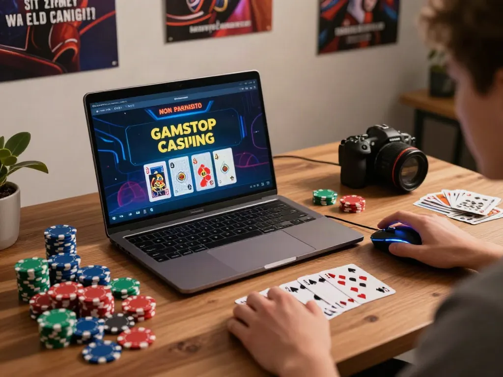 Player exploring non gamstop casinos on a laptop with casino chips and cards.