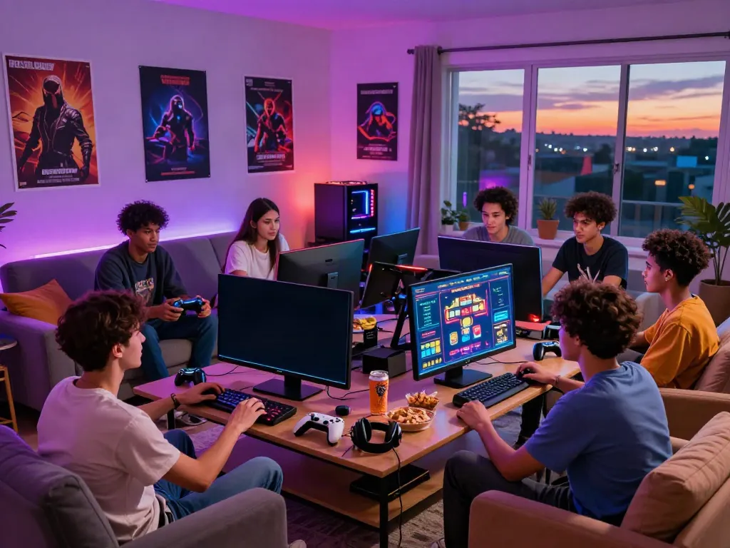 Friends enjoying games at home with non GamStop casinos theme.
