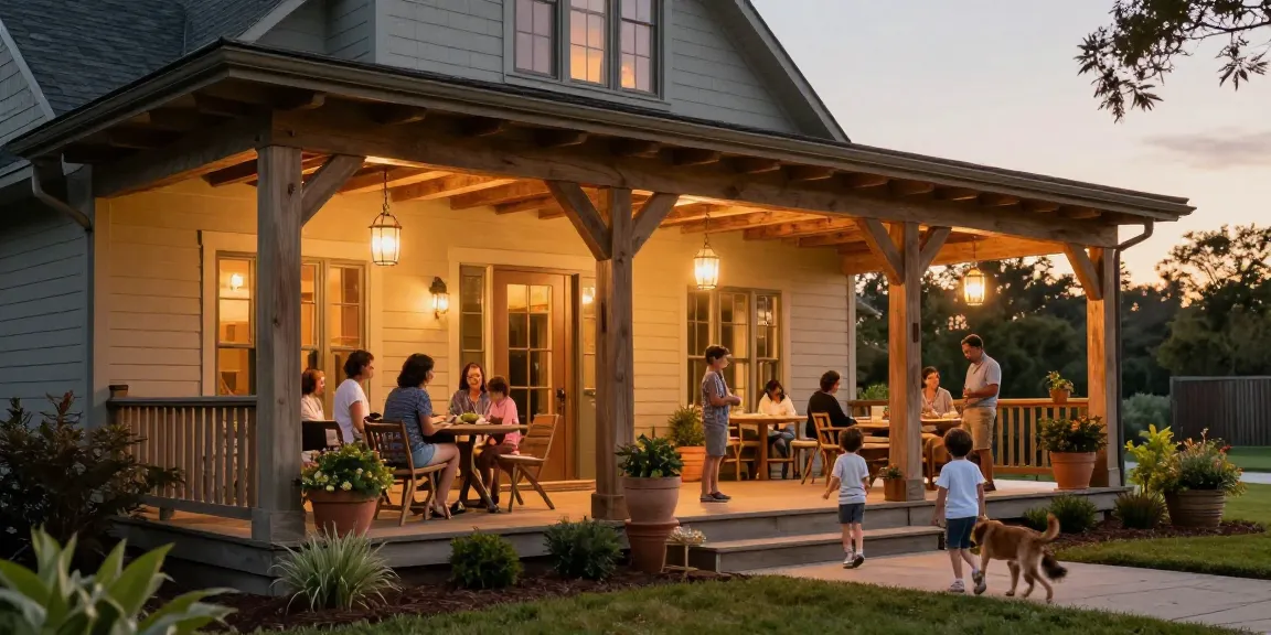 Inviting oak porch with family gathering while children play in the garden, showcasing rustic elegance and craftsmanship.