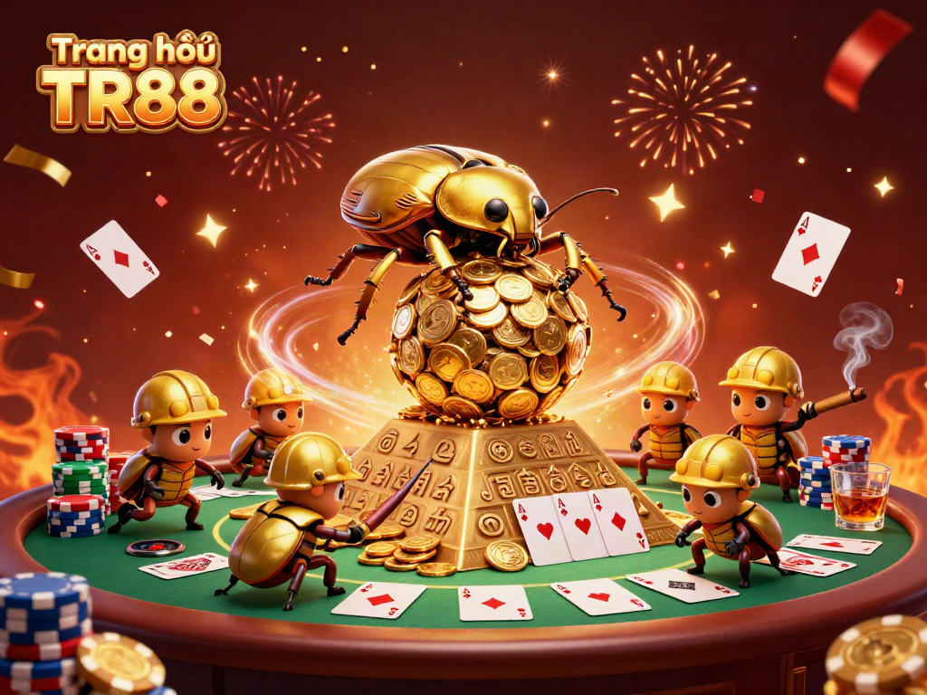 Experience the thrill of Trang chủ TR88 with golden beetles celebrating casino games surrounded by poker elements and vibrant confetti.