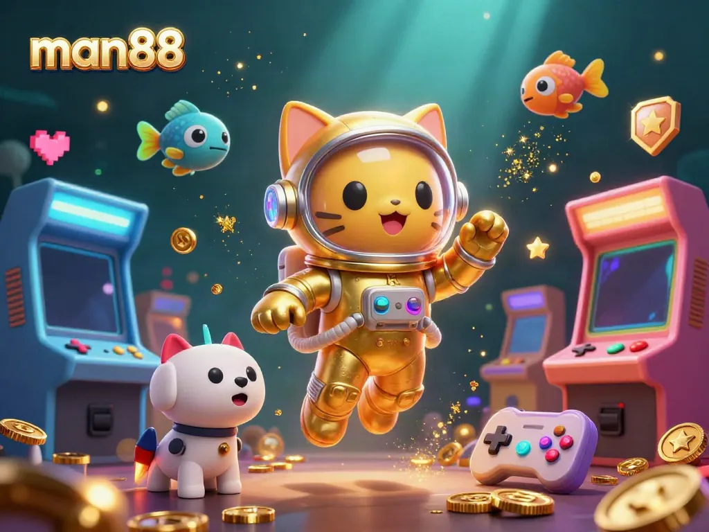 Experience the excitement of man88 with a space cat and robot dog amid colorful casino elements.