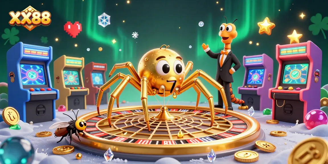 Spin your luck at XX88 with a golden spider and centipede croupier in a vibrant casino world.
