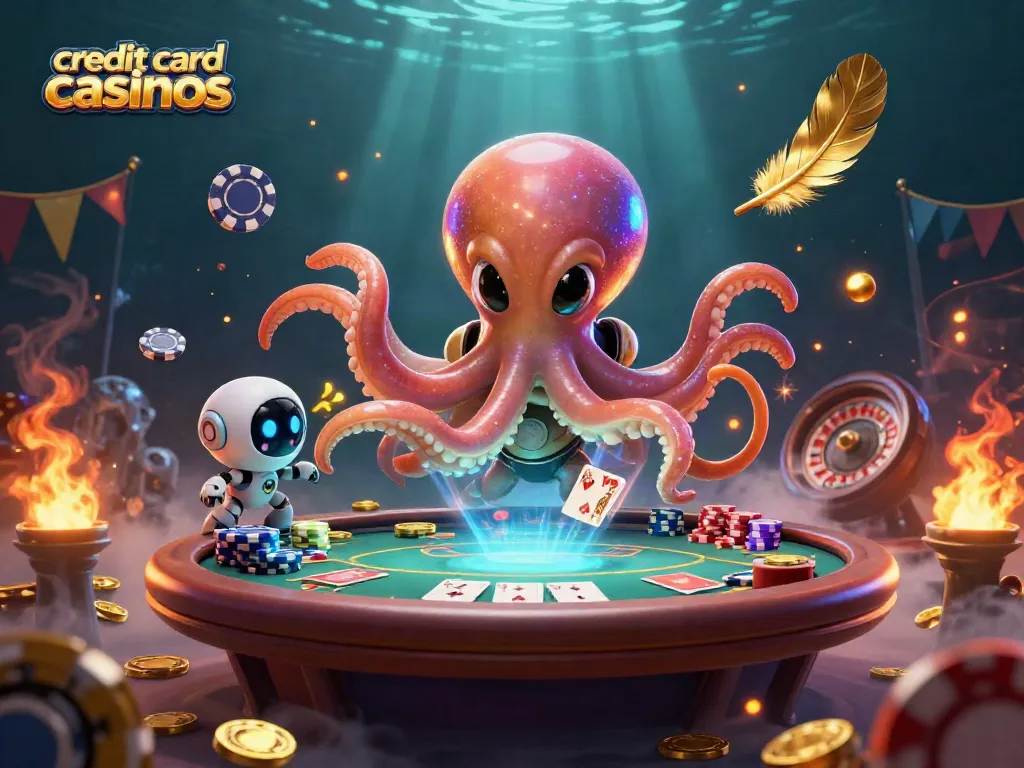 Engage with vibrant credit card casinos featuring an alien octopus dealer at a holographic poker table amid swirling golden effects.