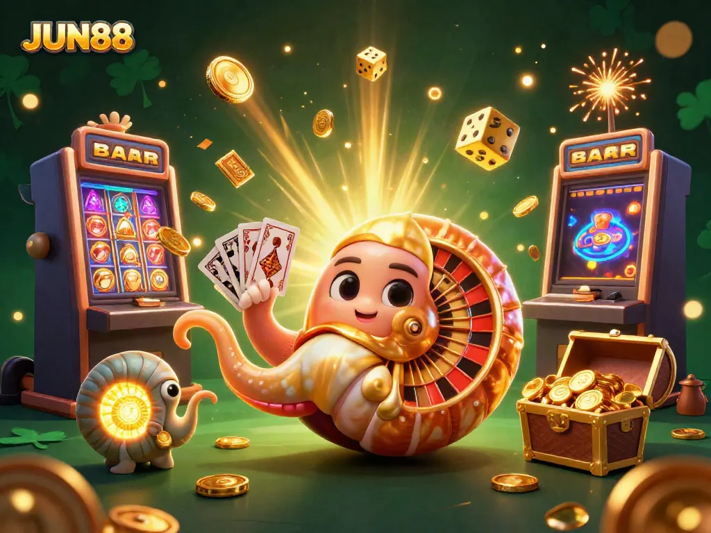Experience the thrilling action at JUN88 with an interactive 3D casino scene full of vibrant game elements.