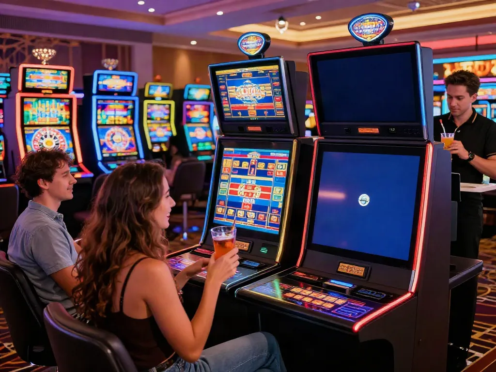 Exciting atmosphere at non GamStop casinos with friends celebrating wins, gaming machines, and vibrant lights.