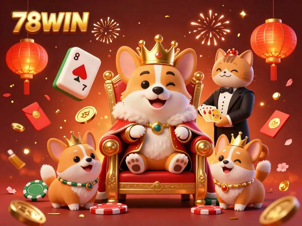 Experience thrilling gaming with 78WIN in a vibrant, festive 3D casino scene featuring royal corgis.