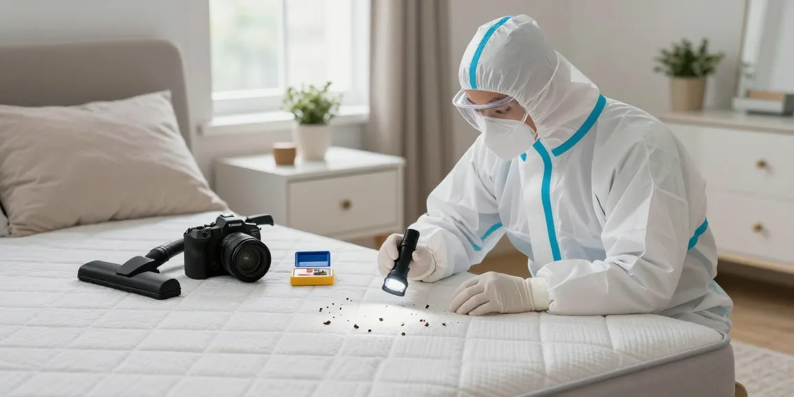 Bed bug exterminator inspecting a mattress for bed bugs in a cozy home environment.