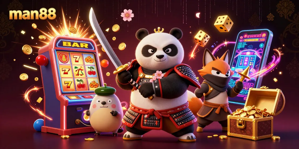 man88 showcases an exciting jackpot scene with a cartoon panda samurai and ninja fox in a dynamic casino atmosphere