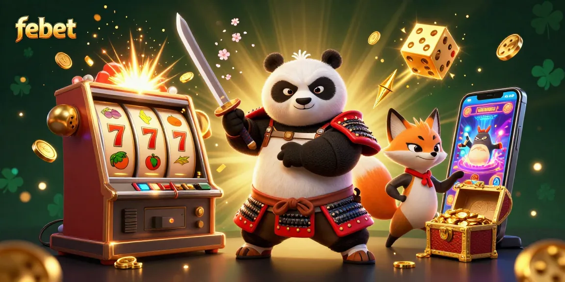 Experience high-energy gaming with febet, featuring a samurai panda and vibrant slot machine action.