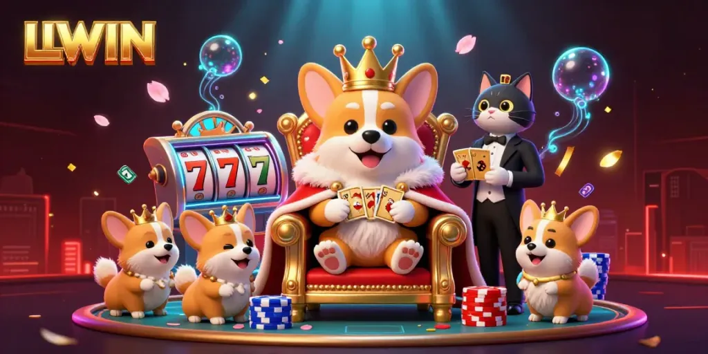 Experience the thrills of LLWIN with a royal corgi on a poker chip throne, promoting an engaging gambling atmosphere.