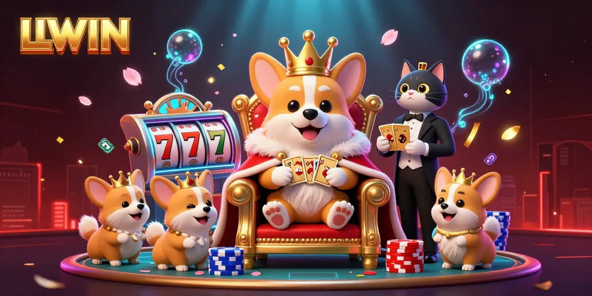 Experience the thrills of LLWIN with a royal corgi on a poker chip throne, promoting an engaging gambling atmosphere.