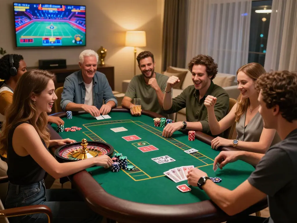 Group of friends enjoying a lively night at non GamStop casinos with roulette and poker games.