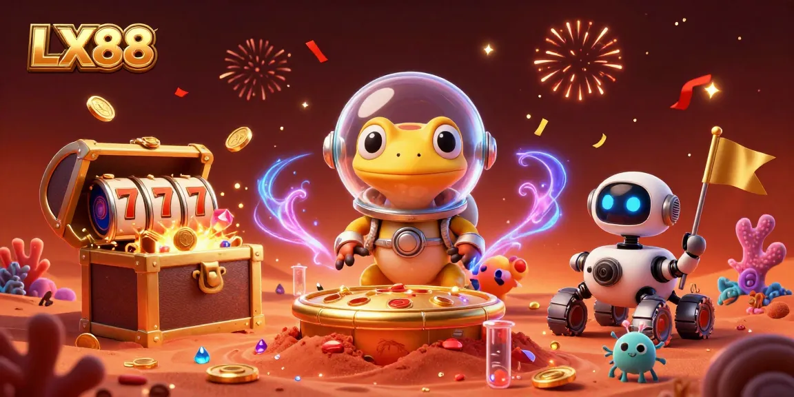 Experience the excitement of LX88 with a Martian gecko discovering a golden casino filled with treasures and slot symbols.