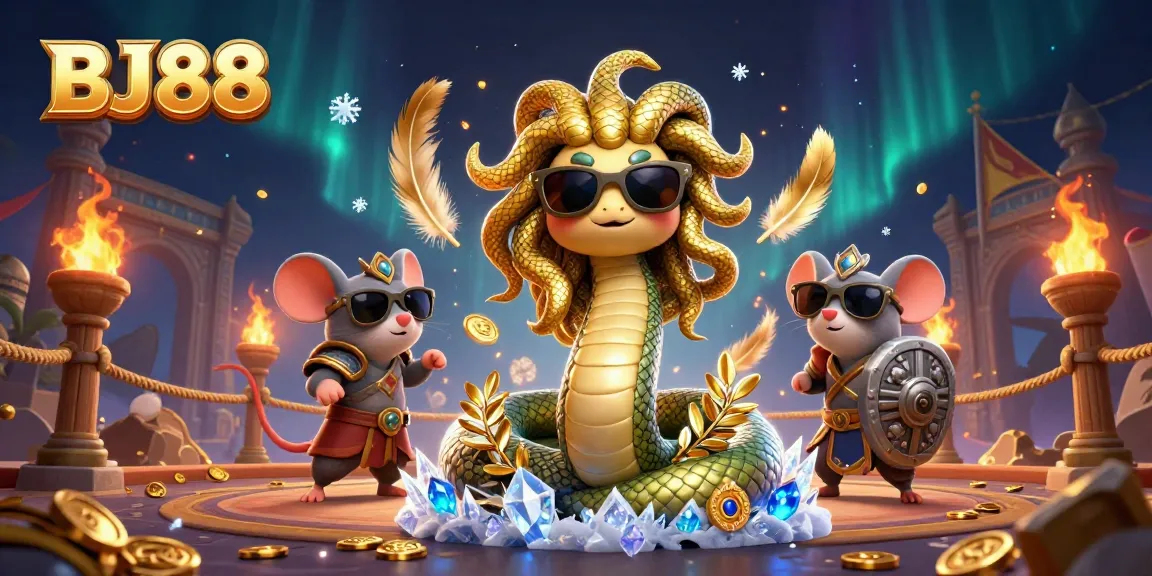 Join the excitement at BJ88, where Medusa and friends engage in thrilling gaming adventures, surrounded by casino elements.