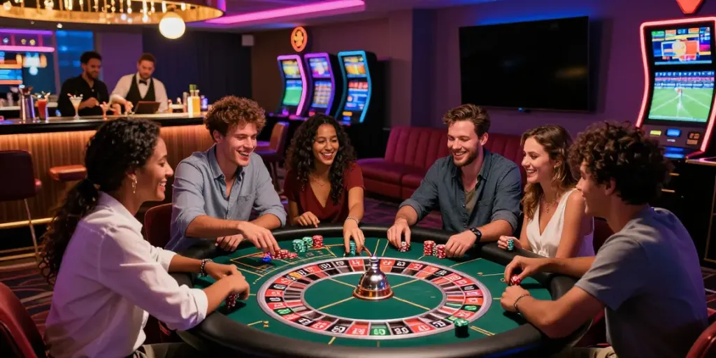 Friends enjoying a vibrant night at non GamStop casinos with roulette and cocktails
