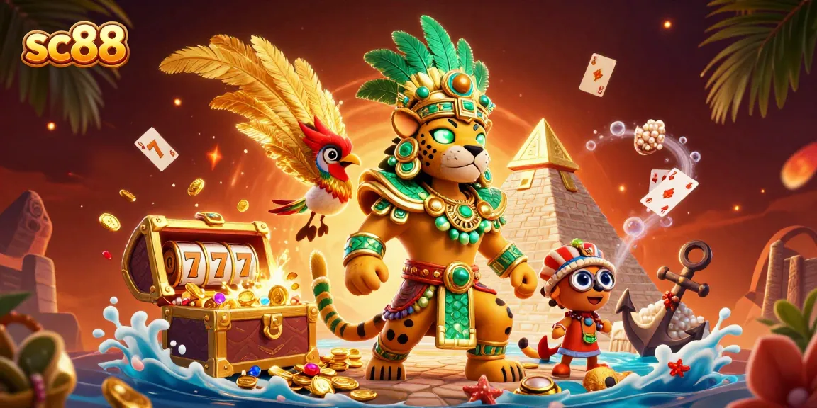sc88's vibrant casino adventure featuring a Mayan jaguar priest and a quetzal bird amidst exciting slot reels and treasure