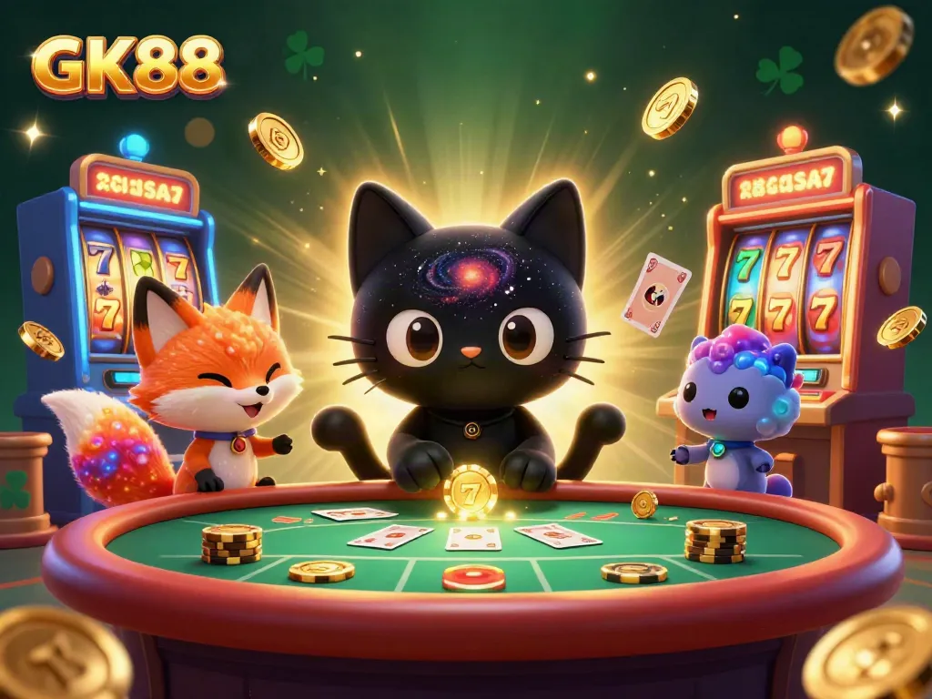 Experience thrilling action at GK88 casino with playful characters capturing golden chips and cards!
