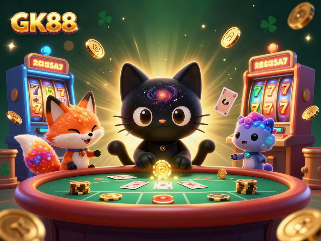 Experience thrilling action at GK88 casino with playful characters capturing golden chips and cards!