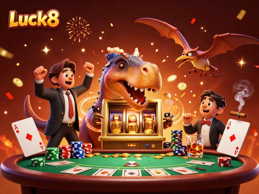 Luck8 showcases a pachycephalosaurus winning a jackpot, surrounded by casino elements and excitement.