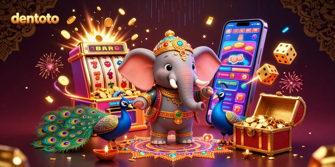 Experience excitement with dentoto's vibrant 3D illustration celebrating jackpots and colorful games.