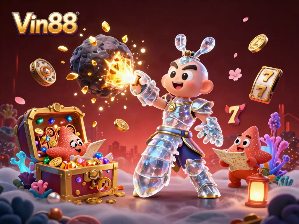 Experience Vin88's vibrant casino world with a cartoon galactic samurai amidst exploding treasures.