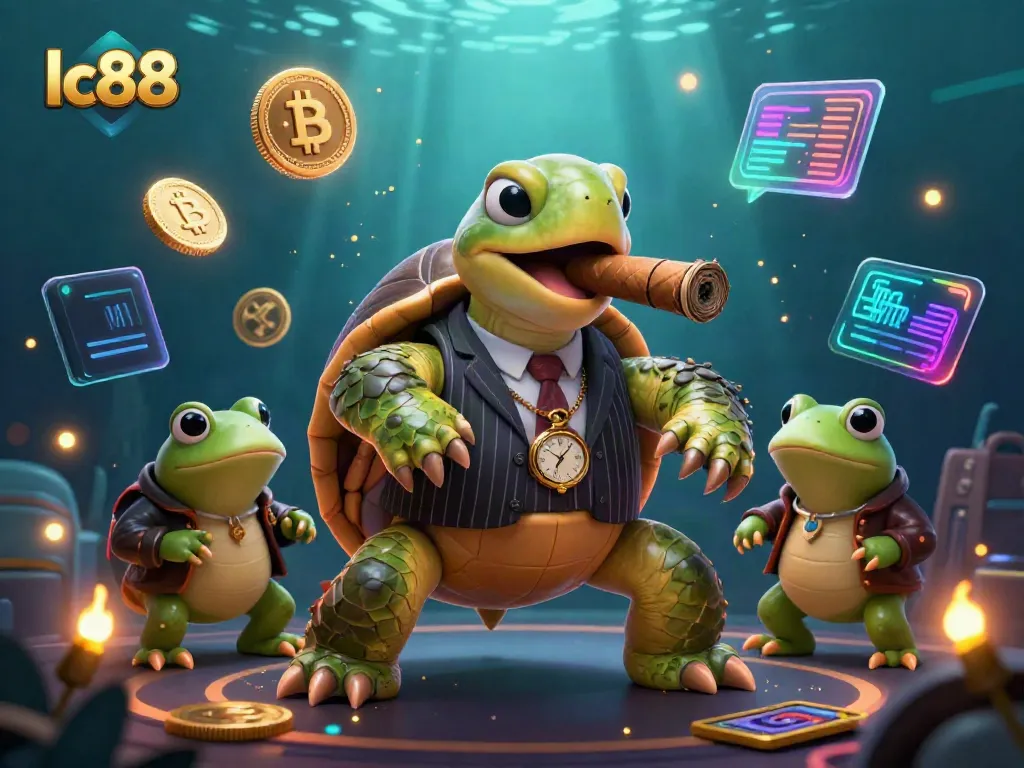 Experience the vibrant lc88 casino scene with a snapping turtle mobster and crypto graphics.