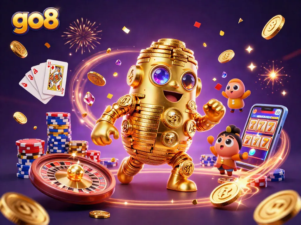Experience the vibrant excitement of go8 with a shifting golden golem amidst cascading casino elements.