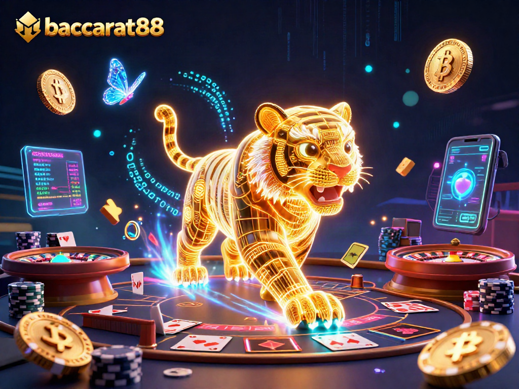 Baccarat88 gaming with a neon golden tiger in a lavish casino, showcasing baccarat tables and crypto coins.