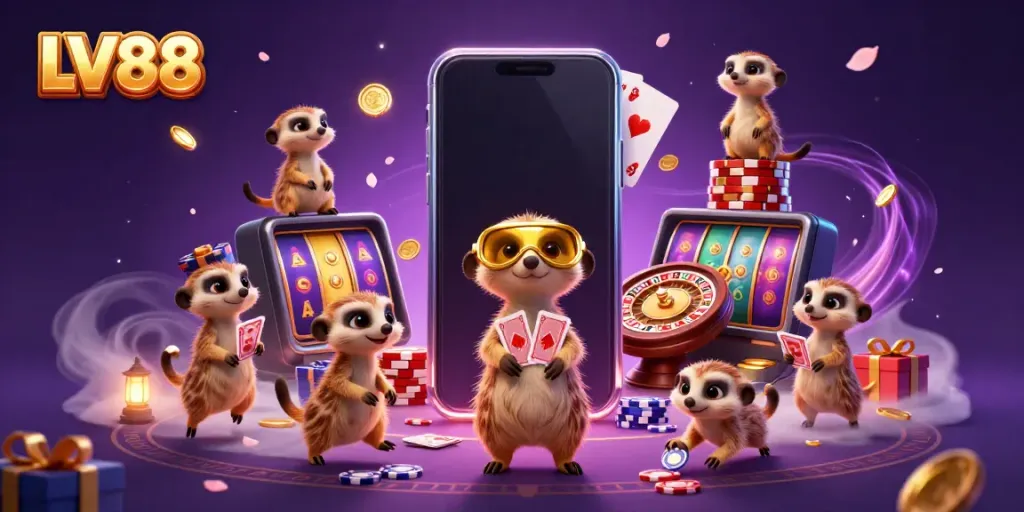 Experience LV88's lively casino scene with meerkats engaging in dynamic gaming activities.