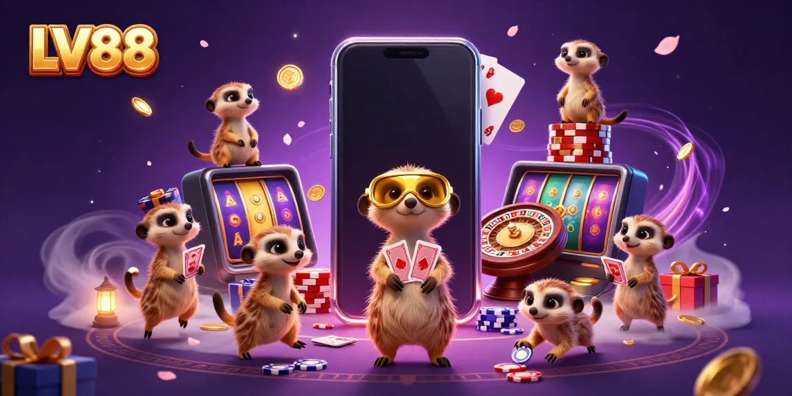 Experience LV88's lively casino scene with meerkats engaging in dynamic gaming activities.
