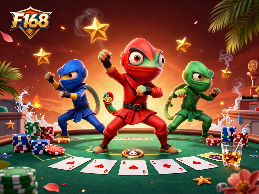 F168 ninja chameleons demonstrate poker skills with cards and chips while showcasing their expertise.