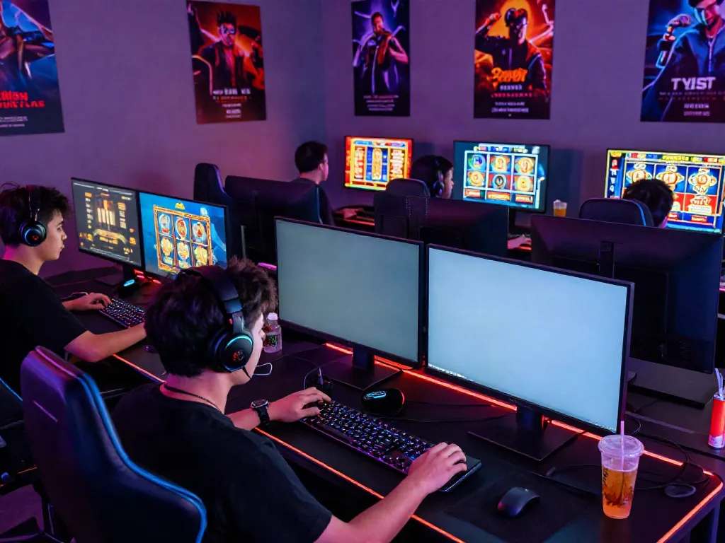 Engaged players at computers exploring non GamStop casinos in a vibrant gaming room.
