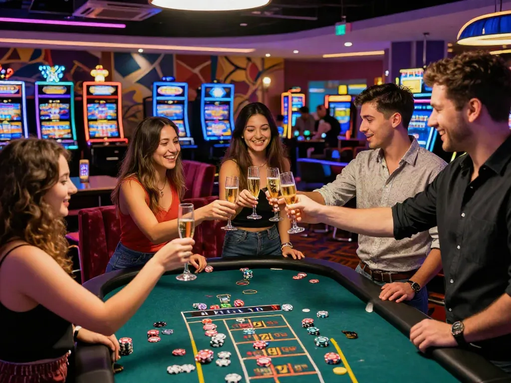 Group of friends celebrating at non GamStop casinos, vibrant casino atmosphere with neon lights.