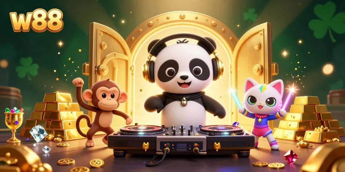 Engage with w88 through thrilling gaming elements featuring a DJ panda and vibrant characters in a casino scene.