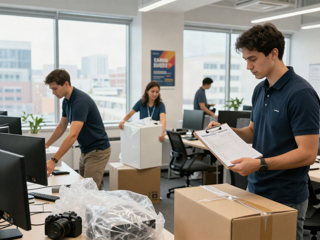 Efficient office movers packing computers and furniture during relocation.