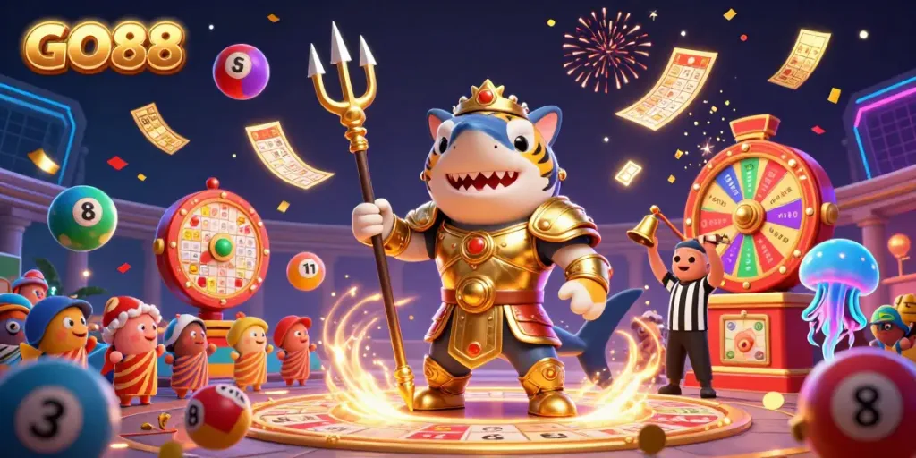 Join the GO88 adventure with a fierce shark in gladiator armor amidst colorful lottery elements in a dazzling underwater arena.
