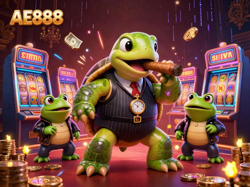 Join the fun at AE888 Casino with a thrilling game scene featuring vibrant slot machines and lively characters.