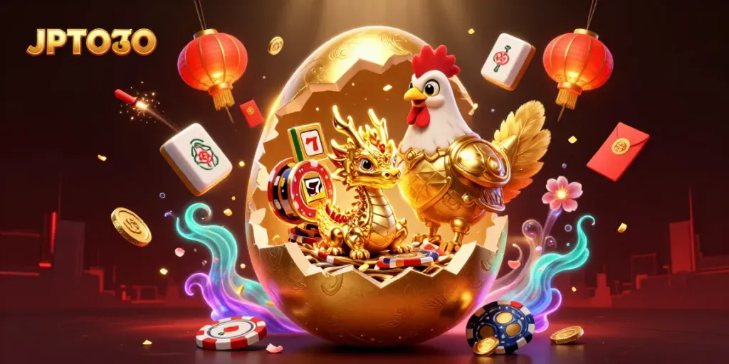 Spin your luck with JPTOTO's golden dragon and vibrant casino elements in this captivating illustration.