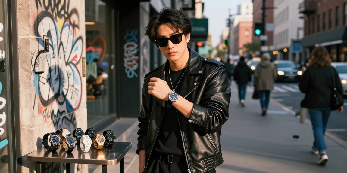 Fashionable individual displaying super clone watches in a vibrant urban setting.